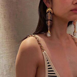 Edgy Gold Tone Fish Skeleton Earrings